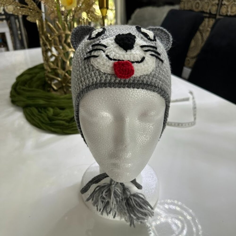 Handmade Crochet Gray Mouse Hat For Kids With Earflaps - Picture 5 of 5